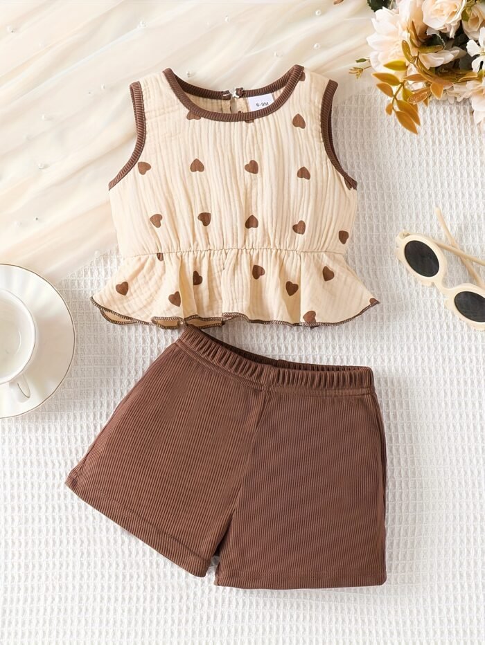 Girls' Cute Heart Sleeveless Skirt Set Two-Piece Outfit, Perfect for Outdoor