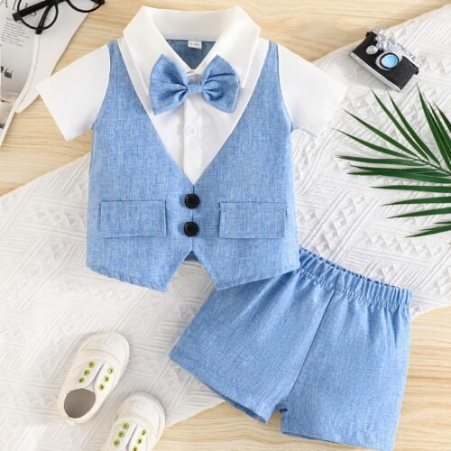 Boys' Summer Short Sleeve Bow Tie Placket Shirt + Shorts Set Gentleman College, Perfect for Outdoor