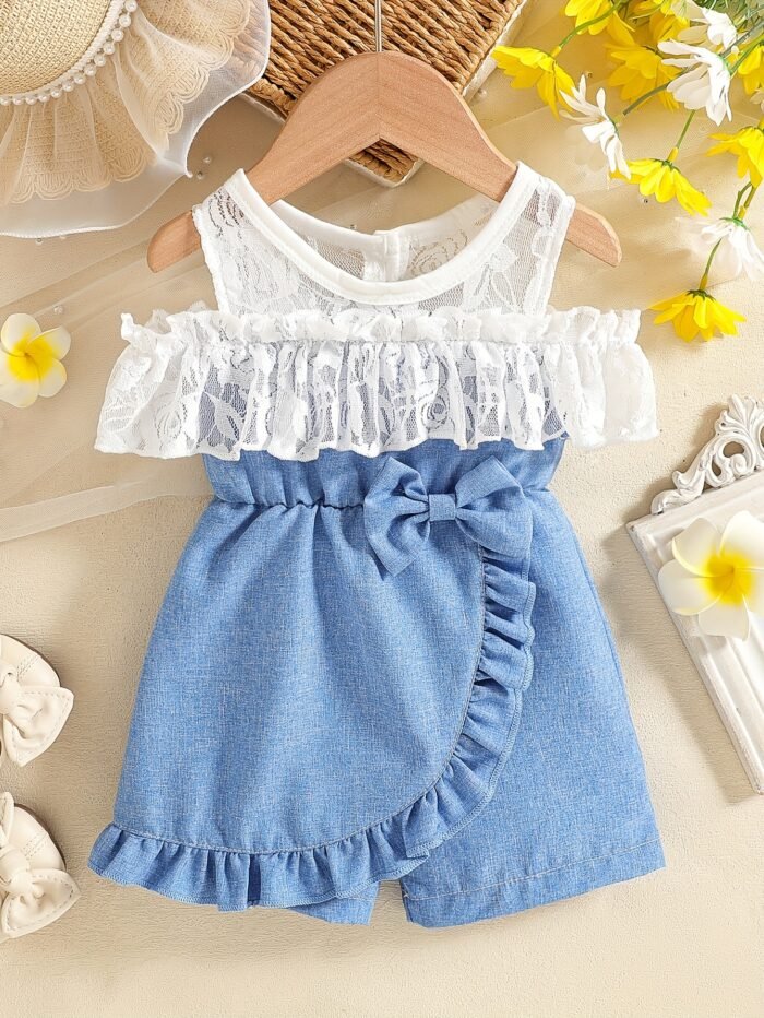 Girls' Spring/Summer Romper for Kids, Newborn Clothing with White Lace Top and Blue Denim Bottoms Featuring a Bow at the Waist, Ruffle Details on Sides and Hem, Elegant Sweet Style Suitable for Home or Outdoor Play/Party Wear, Perfect for Outdoor - Image 2