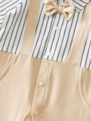 Boys' Autumn/Winter White Bow Tie Gentleman Style Long Sleeve Bodysuit with Back Straps, Perfect for Outdoor