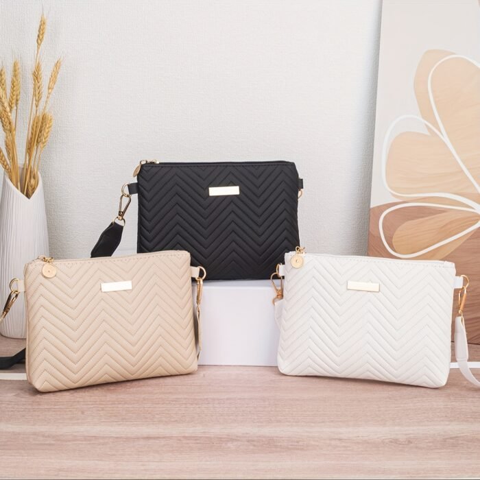 2025 New Women'S V-Text Quilted Crossbody Bag - Detachable Shoulder Strap Zipper Closure, Beige/Black, Fashionable Handbag for Casual and Formal Occasions, Multi-Functional Accessory with Polyester Lining and Golden Hardware, Suitable for All Four Seasons - Image 3