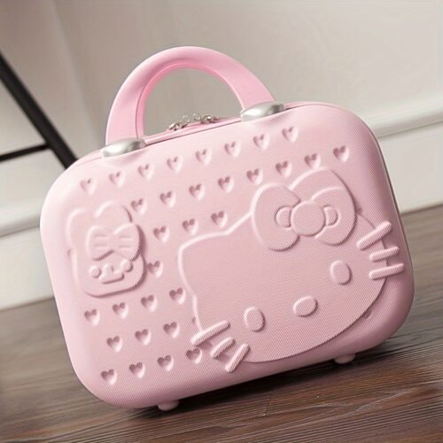 14 Inch Sandwich Cat Design Multifunctional Trolley Luggage Compartment - Grease-Resistant Makeup Travel Case with 4 Wheels, Pink Suitcase for Cosmetics Storage, Unisex for Men & Women, Luggage for Travel, Playful Aesthetic, Easygrip Handle