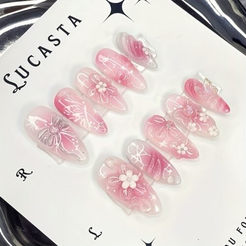 3D Cat'S Eye Frost Swirl Nail Art - Aurora Borealis Butterfly Design, Almond Shape, Medium Length, Glossy Pink Finish, Detachable Fake Nails for Elegant Manicure, Manicure Enhancement | Elegant Nail Design | Glossy Finish Nail, Nail Accessories