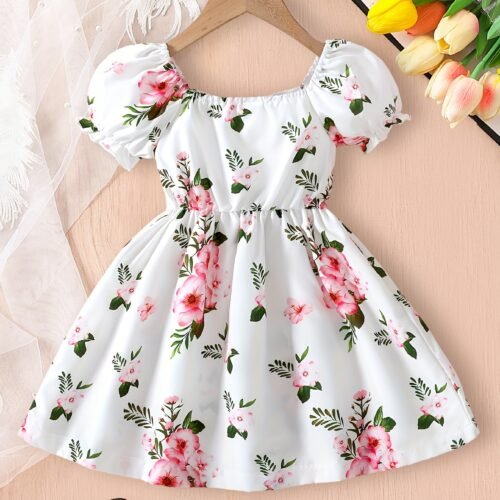 Baby Girl'S Summer Cute Bubble Sleeve White Floral Pattern Elegant Dress for Toddlers and Kids, Perfect for Outdoor
