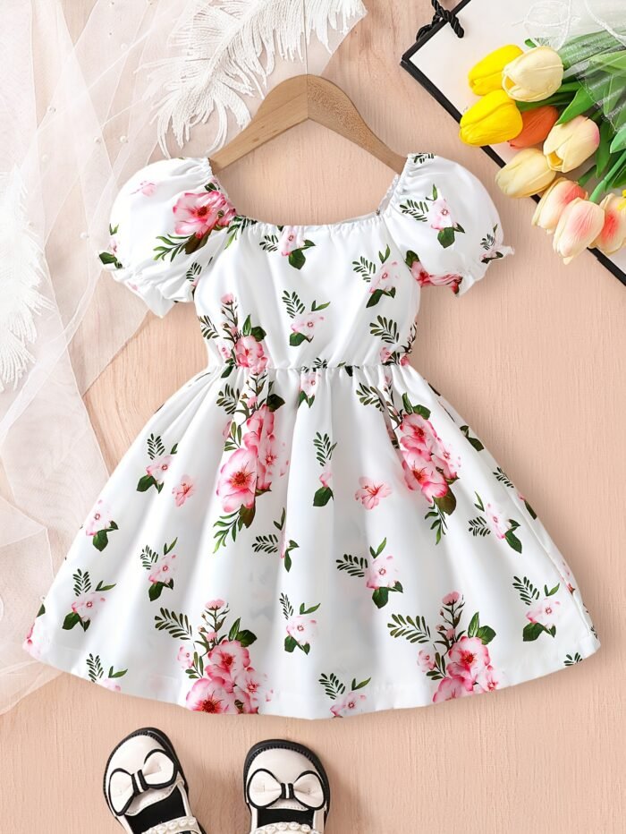 Baby Girl'S Summer Cute Bubble Sleeve White Floral Pattern Elegant Dress for Toddlers and Kids, Perfect for Outdoor