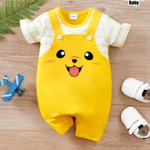YIERYING Baby Summer Romper - Cute Yellow Puppy Print with Blue & White Stripes, Fake Backpack Design, Short Sleeve, Round Neck, Loose Fit for Casual Outings, Romper for Youngsters, for Outdoor