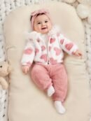 A Set of Warm Clothes for Baby Girls, Warm Hooded Fleece Jacket, Cardigan Top + Elastic Waist Warm Pants, Autumn And Winter Style, Cute Cold-Proof Jacket for Girls, Fur Zipper Outerwear, Outdoor Clothing Set, Newborn Children, Plush Warm Heart Pattern, Windproof Long-Sleeved Trousers, Two-Piece Set, 0-1-2-3 Years Old, 6-9 Months, Birthday Gift, Suitable for Outdoor Clothing, Leisure, Gathering, Party, Holiday Gift