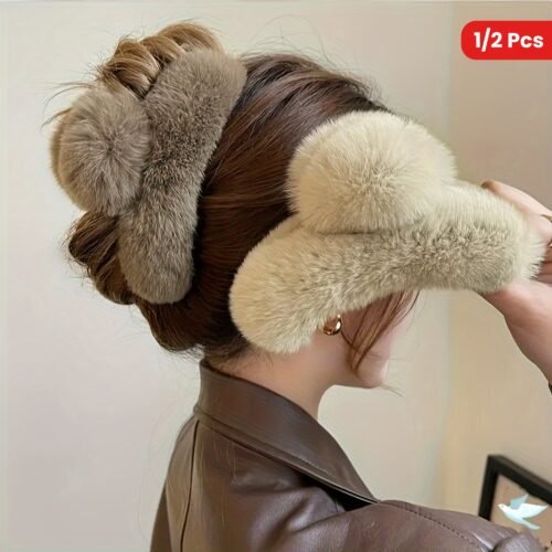 1/2 Pcs Solid Color Plush Hair Clip, Fashionable Elegant Strong Hold Hair Claw For Thick Curly Straight Hair, Cute Faux Fur Hair Styling Accessories For Women
