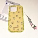 1pc of Cute Dopamine Candy Color Strawberry Jelly Pattern Ripple Jelly Round Square Solid Protective Mobile Phone Case, Suitable for Iphone16/11/13/15/15 Plus/15 Pro/15 Pro Max/12/14 Pro Max/11 Pro Max/12 Pro/12 Pro Max/13 Pro/13 Pro Max/14 Pro/14 Plus~Ripple Jelly-Yellow Shell White Frame-Strawberry 210SC+G88 Pink Grass Pendant
