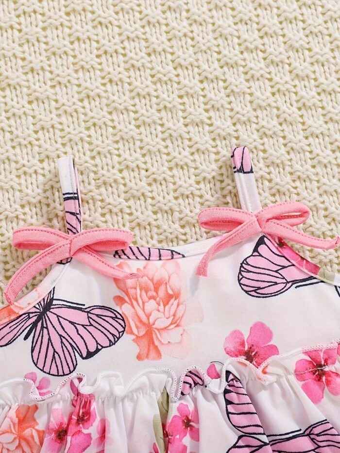 Girls' Floral Butterfly Print Ruffle Top and Belted Shorts Summer Set, Perfect for Outdoor - Image 3