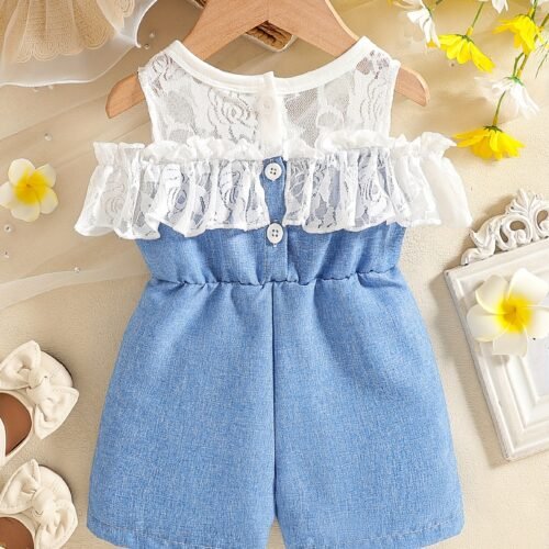Girls' Spring/Summer Romper for Kids, Newborn Clothing with White Lace Top and Blue Denim Bottoms Featuring a Bow at the Waist, Ruffle Details on Sides and Hem, Elegant Sweet Style Suitable for Home or Outdoor Play/Party Wear, Perfect for Outdoor