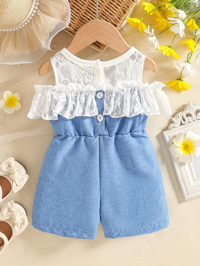 Girls' Spring/Summer Romper for Kids, Newborn Clothing with White Lace Top and Blue Denim Bottoms Featuring a Bow at the Waist, Ruffle Details on Sides and Hem, Elegant Sweet Style Suitable for Home or Outdoor Play/Party Wear, Perfect for Outdoor