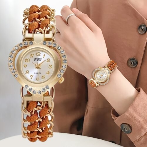 [Chic Heart-Shaped Electronic Watch] Elegant Ladies' Quartz Wrist Watch with Rhinestone Embellishment, Round Zinc Alloy Case, and Braided Chain Band - Chic Heart-Shaped Electronic Watch with Non-Rechargeable Battery