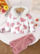 A Set of Warm Clothes for Baby Girls, Warm Hooded Fleece Jacket, Cardigan Top + Elastic Waist Warm Pants, Autumn And Winter Style, Cute Cold-Proof Jacket for Girls, Fur Zipper Outerwear, Outdoor Clothing Set, Newborn Children, Plush Warm Heart Pattern, Windproof Long-Sleeved Trousers, Two-Piece Set, 0-1-2-3 Years Old, 6-9 Months, Birthday Gift, Suitable for Outdoor Clothing, Leisure, Gathering, Party, Holiday Gift