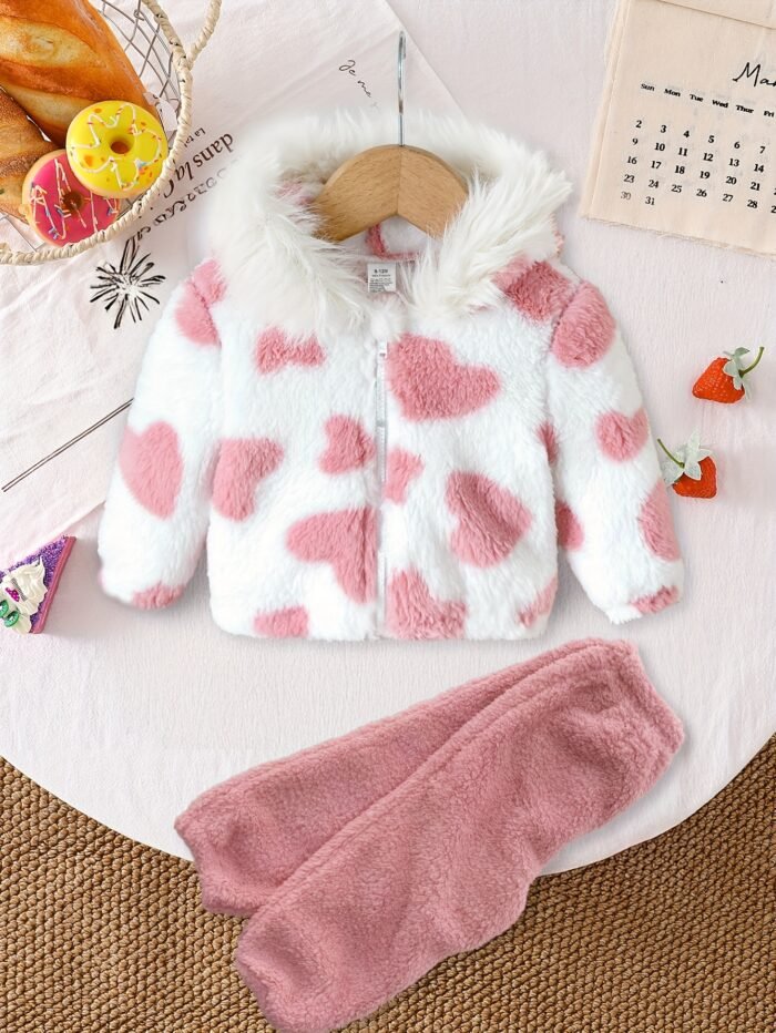 A Set of Warm Clothes for Baby Girls, Warm Hooded Fleece Jacket, Cardigan Top + Elastic Waist Warm Pants, Autumn And Winter Style, Cute Cold-Proof Jacket for Girls, Fur Zipper Outerwear, Outdoor Clothing Set, Newborn Children, Plush Warm Heart Pattern, Windproof Long-Sleeved Trousers, Two-Piece Set, 0-1-2-3 Years Old, 6-9 Months, Birthday Gift, Suitable for Outdoor Clothing, Leisure, Gathering, Party, Holiday Gift - Image 5