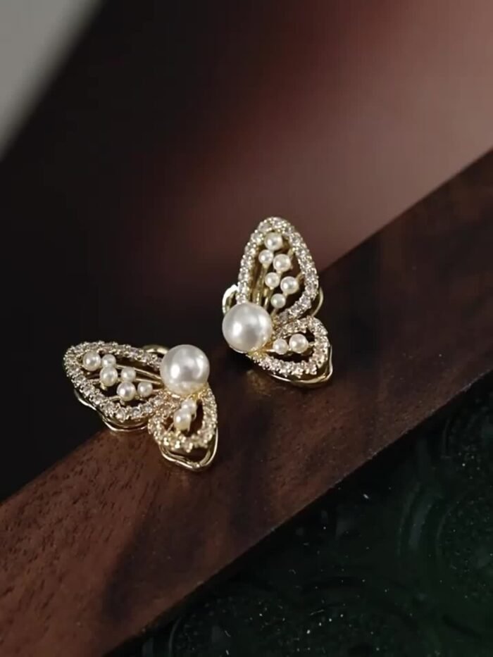 1 Pair Elegant Vintage Butterfly Earrings with Imitation Pearls and Glass Rhinestones, Zinc Alloy & 925 Sterling Silver Post, Daily and Vacation Wear Jewelry for Women - Image 7