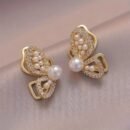 1 Pair Elegant Vintage Butterfly Earrings with Imitation Pearls and Glass Rhinestones, Zinc Alloy & 925 Sterling Silver Post, Daily and Vacation Wear Jewelry for Women