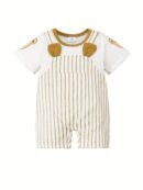 Adorable ' Cartoon Bear Striped Romper with Pockets - Comfy Short-Sleeve Overalls for Spring/Summer, Machine Washable, White & Beige Design, Summer Clothes | Functional Pocket Design, Romper, Perfect for Outdoor