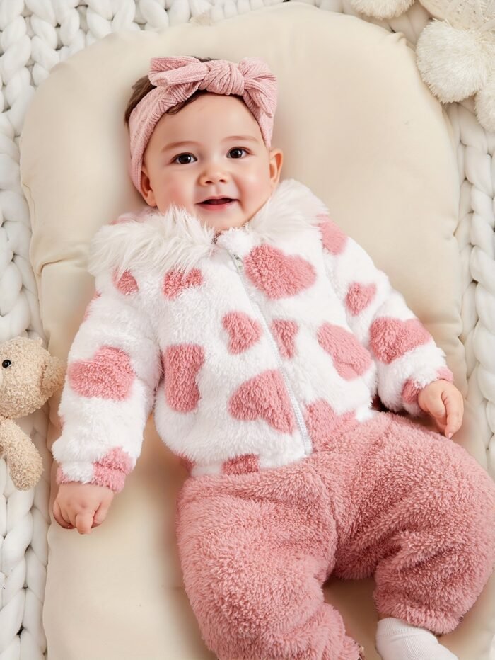 A Set of Warm Clothes for Baby Girls, Warm Hooded Fleece Jacket, Cardigan Top + Elastic Waist Warm Pants, Autumn And Winter Style, Cute Cold-Proof Jacket for Girls, Fur Zipper Outerwear, Outdoor Clothing Set, Newborn Children, Plush Warm Heart Pattern, Windproof Long-Sleeved Trousers, Two-Piece Set, 0-1-2-3 Years Old, 6-9 Months, Birthday Gift, Suitable for Outdoor Clothing, Leisure, Gathering, Party, Holiday Gift - Image 4