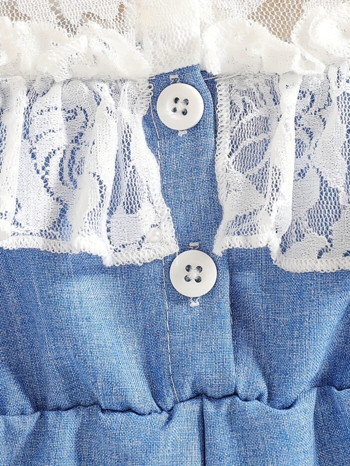 Girls' Spring/Summer Romper for Kids, Newborn Clothing with White Lace Top and Blue Denim Bottoms Featuring a Bow at the Waist, Ruffle Details on Sides and Hem, Elegant Sweet Style Suitable for Home or Outdoor Play/Party Wear, Perfect for Outdoor - Image 4