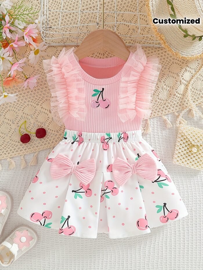 2025 New Girls' Summer Pink Thick Ribbed Round Neck Sleeveless Mesh Lace Cherry Embroidery Top with Cherry Print Bow and I-Beam Pleated Halter Skirt Set Suitable for Going Out, Perfect for Outdoor