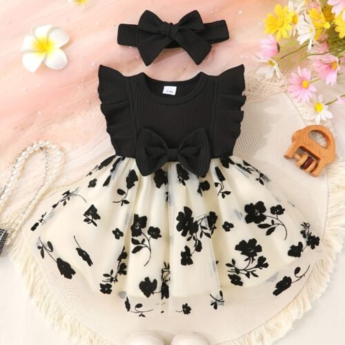 2pcs Soft and Comfortable Cute Girls' Bow-Decorated Ruffle Trim Floral Mesh Princess Dress with Hairband Set