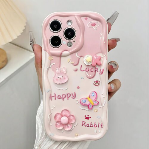 Sweet 3D Phone Case | Pink Bunny Flower + Chain, Cute Girl's Heart Strap Set Suitable for iPhone 16 15 14 13 12 11 Pro Max 14 15 16 Plus XS XR X 8 7