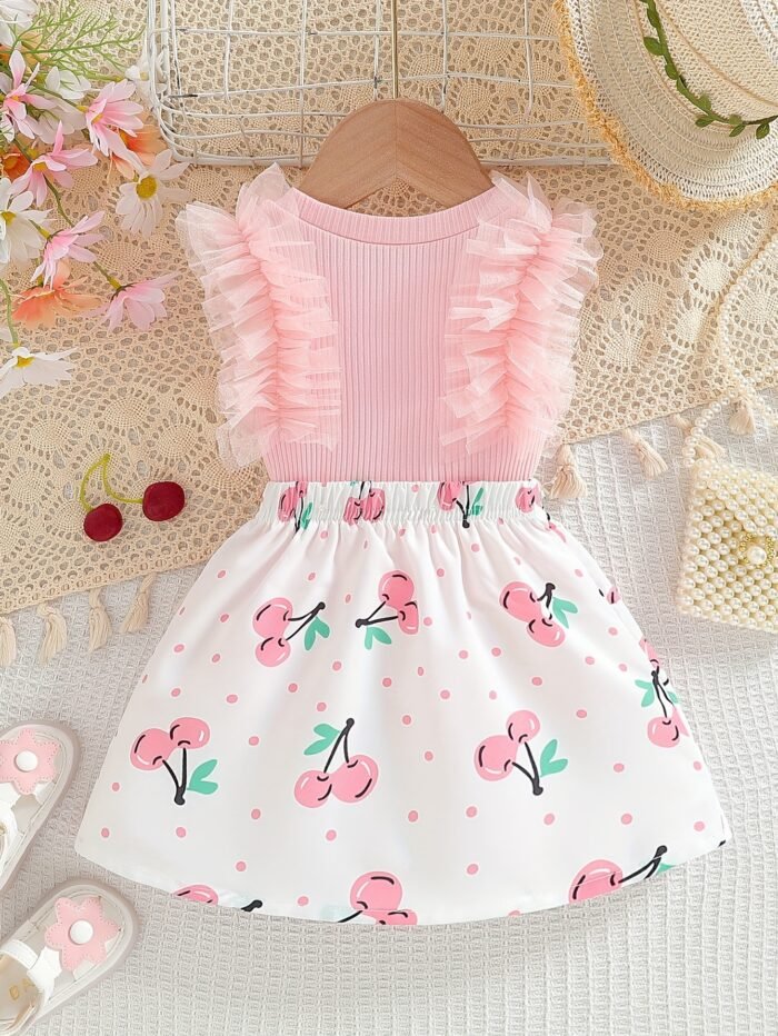 2025 New Girls' Summer Pink Thick Ribbed Round Neck Sleeveless Mesh Lace Cherry Embroidery Top with Cherry Print Bow and I-Beam Pleated Halter Skirt Set Suitable for Going Out, Perfect for Outdoor - Image 3