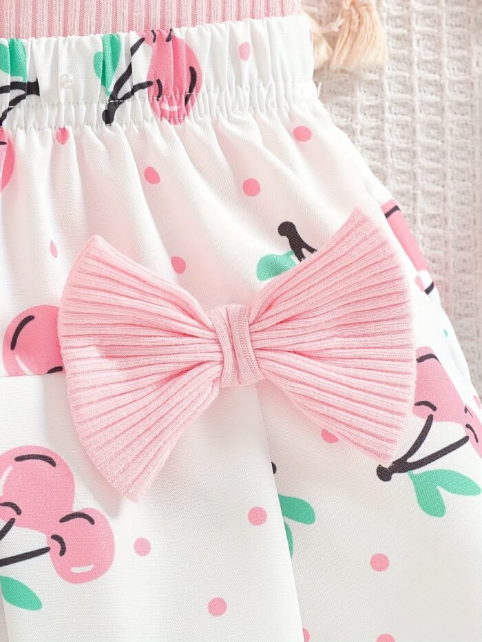 2025 New Girls' Summer Pink Thick Ribbed Round Neck Sleeveless Mesh Lace Cherry Embroidery Top with Cherry Print Bow and I-Beam Pleated Halter Skirt Set Suitable for Going Out, Perfect for Outdoor - Image 7
