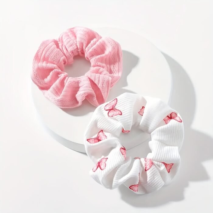 2pcs Soft Fabric Hair Ties - Solid Color & Floral Butterfly Print Hair Accessories, Fresh & Simple Style for Women Teens, Valentine’s Day Gifts, Everyday Casual Wear