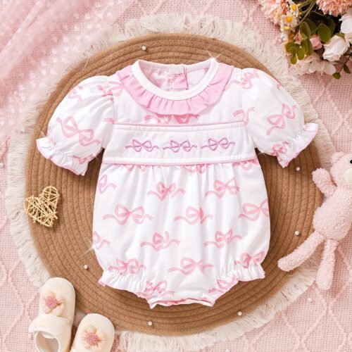 Infant Summer Round Neck Lace Collar Back Button Bow Print Embroidered Short Sleeve Bodysui, for Outdoor