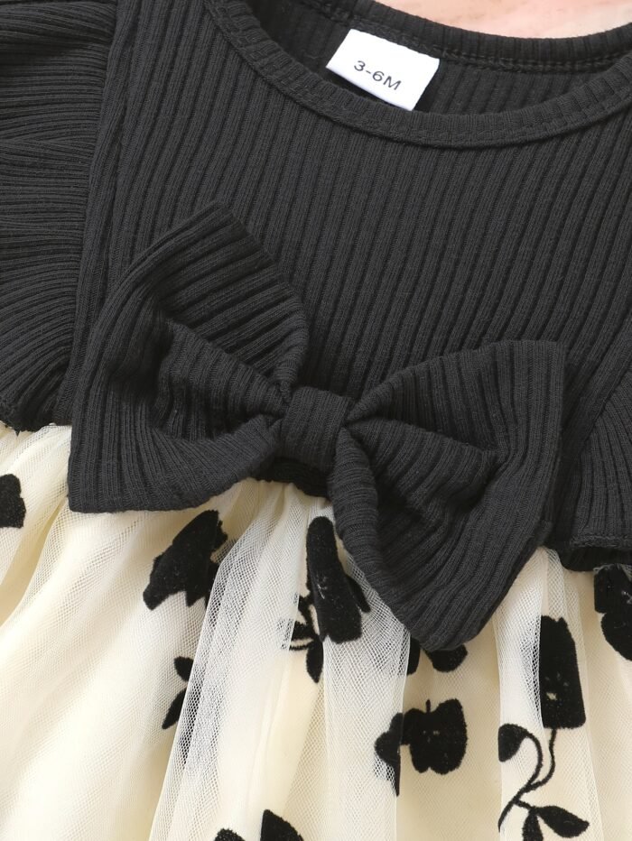 2pcs Soft and Comfortable Cute Girls' Bow-Decorated Ruffle Trim Floral Mesh Princess Dress with Hairband Set - Image 4