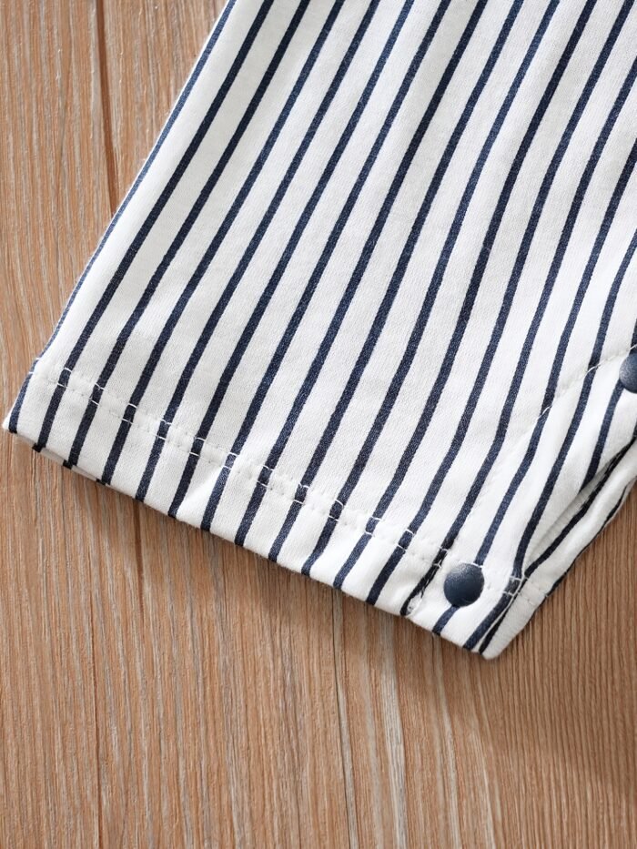 Baby Boys Casual Striped Short Sleeve Lapel Collar Romper Clothes, Suitable For Outdoor Wear - Image 6