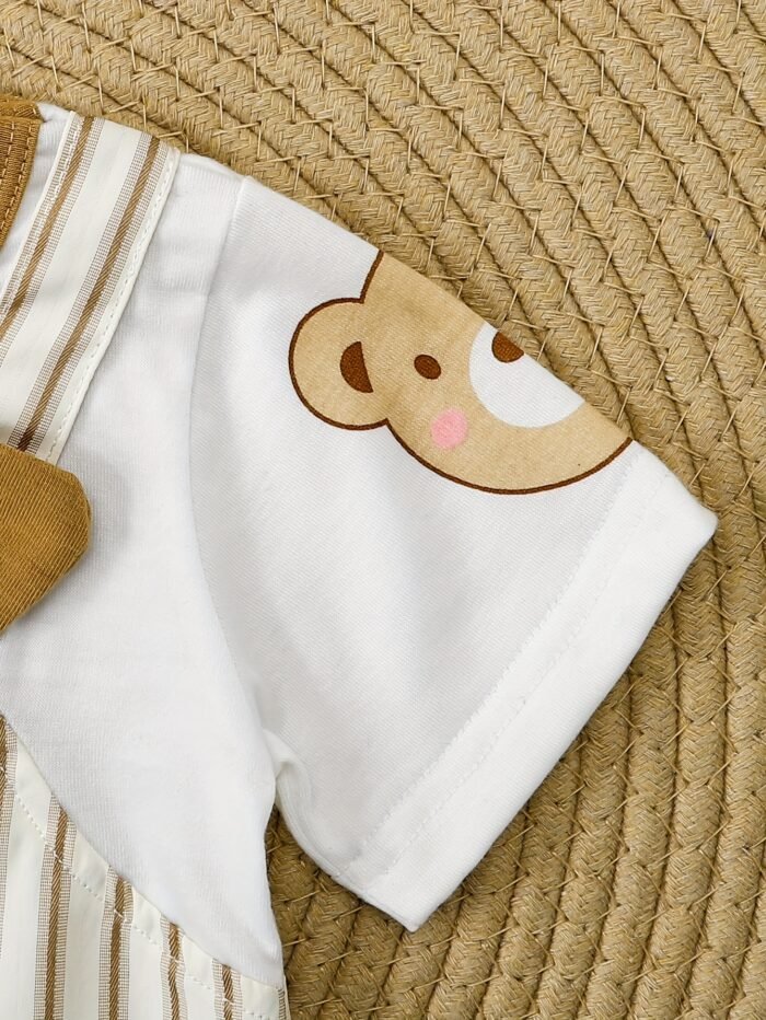 Adorable ' Cartoon Bear Striped Romper with Pockets - Comfy Short-Sleeve Overalls for Spring/Summer, Machine Washable, White & Beige Design, Summer Clothes | Functional Pocket Design, Romper, Perfect for Outdoor - Image 4