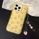 1pc of Cute Dopamine Candy Color Strawberry Jelly Pattern Ripple Jelly Round Square Solid Protective Mobile Phone Case, Suitable for Iphone16/11/13/15/15 Plus/15 Pro/15 Pro Max/12/14 Pro Max/11 Pro Max/12 Pro/12 Pro Max/13 Pro/13 Pro Max/14 Pro/14 Plus~Ripple Jelly-Yellow Shell White Frame-Strawberry 210SC+G88 Pink Grass Pendant