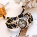 1pc Elegant Quartz Watch with Golden-Tone Alloy Case & Black Braided Strap, Roman Numeral Dial, Accents - Perfect Gift for Her Day, Birthday, Anniversary - Versatile for Casual & Formal Wear