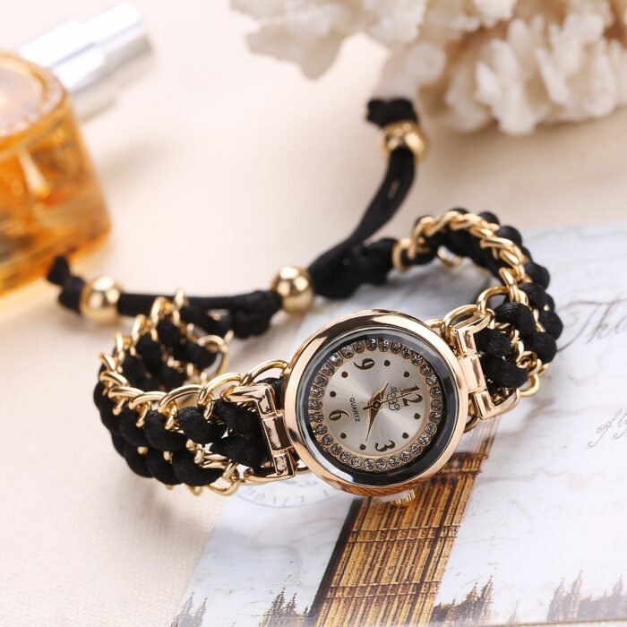1pc Elegant Quartz Watch with Golden-Tone Alloy Case & Black Braided Strap, Roman Numeral Dial, Accents - Perfect Gift for Her Day, Birthday, Anniversary - Versatile for Casual & Formal Wear - Image 2