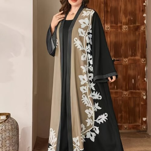 Plus Size, Plus Size Women's Loose Bell Sleeve Floral Print Solid Color Round Neck Sleeveless Dress Two-Piece Set
