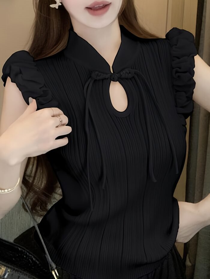 Women'S Black Sleeveless Knit Top with Ruffled Details - Casual Stand Collar, Polyester, Spring/Summer Fashion, Versatile and Elegant, Sleeveless Top|Ruffled Sleeve Top|Knit Construction - Image 7