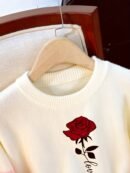 Women'S Elegant Long Sleeve Rose Print Sweater - Soft Pink & White Color Block, Round Neck, Machine Washable, Perfect for Office, Casual Wear, and Travel