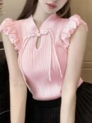 Women'S Black Sleeveless Knit Top with Ruffled Details - Casual Stand Collar, Polyester, Spring/Summer Fashion, Versatile and Elegant, Sleeveless Top|Ruffled Sleeve Top|Knit Construction