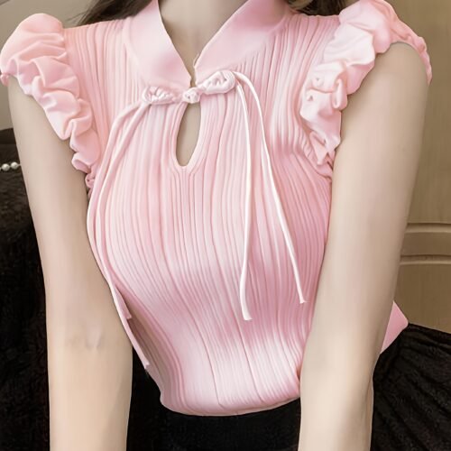 Women'S Black Sleeveless Knit Top with Ruffled Details - Casual Stand Collar, Polyester, Spring/Summer Fashion, Versatile and Elegant, Sleeveless Top|Ruffled Sleeve Top|Knit Construction