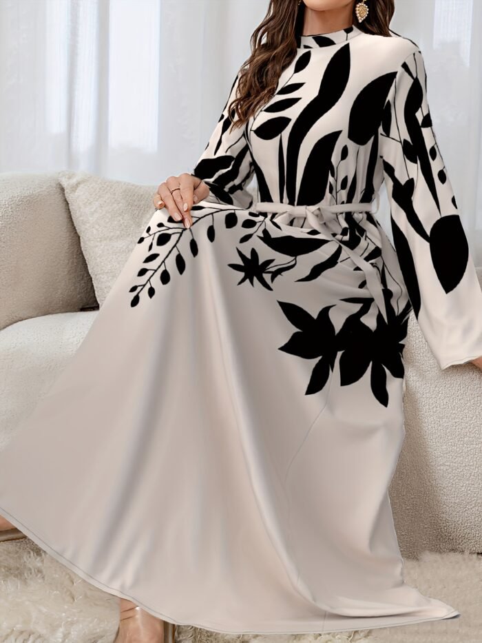 Women's Elegant Arabic/Korean-Inspired Abaya Dress with Mandarin Collar & Puff Sleeves - Long Train Maxi Gown, Belted Waist, A-Line -Length Dress for Weddings, Parties, Muslimah Fashion (Machine Washable)