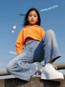 MIANZHI Girls' Jeans, Versatile Flared Pants for Kids Spring/Autumn, Embroidered Heart Pattern Pants for 3-14 Years Old Girls, Middle School Style Campus Long Pants, Korean Fashion Straight-Leg Trousers for Big Girls