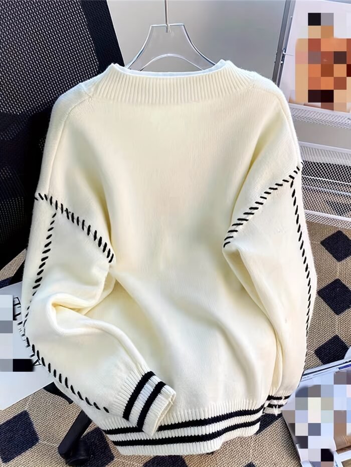 Women'S Color Block Cardigan - V-Neck with Tie-Front, Button-Up Sweater Jacket in Navy Blue & White, Long Sleeve for Fall/Winter, Cozy Casual Outerwear - Image 7