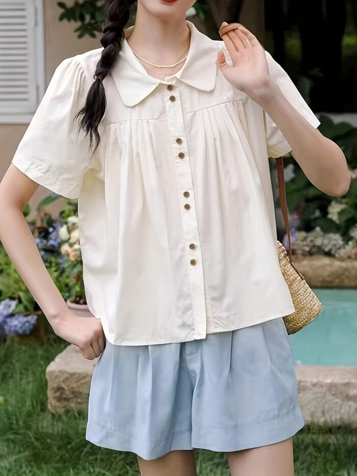 [Chic Blouse] Lightweight Polyester Summer Short Sleeve Blouse for Women | Chic, Casual Yet Stylish, Sweet Doll Collar, Button-Up Shirt with Chest Pockets - Image 8