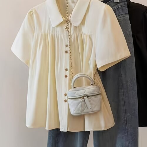 [Chic Blouse] Lightweight Polyester Summer Short Sleeve Blouse for Women | Chic, Casual Yet Stylish, Sweet Doll Collar, Button-Up Shirt with Chest Pockets