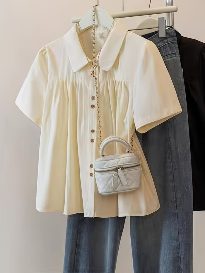 [Chic Blouse] Lightweight Polyester Summer Short Sleeve Blouse for Women | Chic, Casual Yet Stylish, Sweet Doll Collar, Button-Up Shirt with Chest Pockets