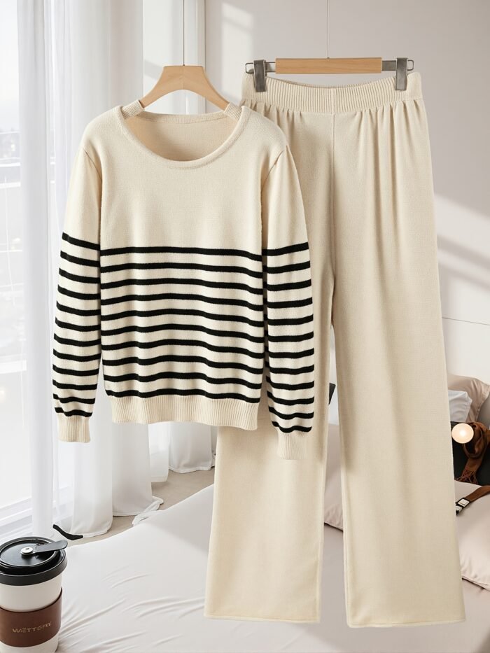 2pcs Autumn and Winter French Cream White Striped Set | Contrast Round Neck Top + High Waist Wide Leg Pants | Loose Fit, Effect | Soft Light Beige-Friendly Non-Irritating | Perfect for Commuting, Dates, and Home Wear | Minimalist Korean Style Chic Outfit Recommended - Image 2