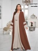 Breathable Light Beige-Friendly Fabric Color-Block Open Front Abaya with Sleeveless Inner Layer - Simple, Elegant, and Versatile Muslim Dress for Women's Daily Wear Parties, Suitable for Birthdays & Gatherings